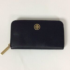 Tory Burch Robinson Continental Wallet Logo Zip Classic Black Gold